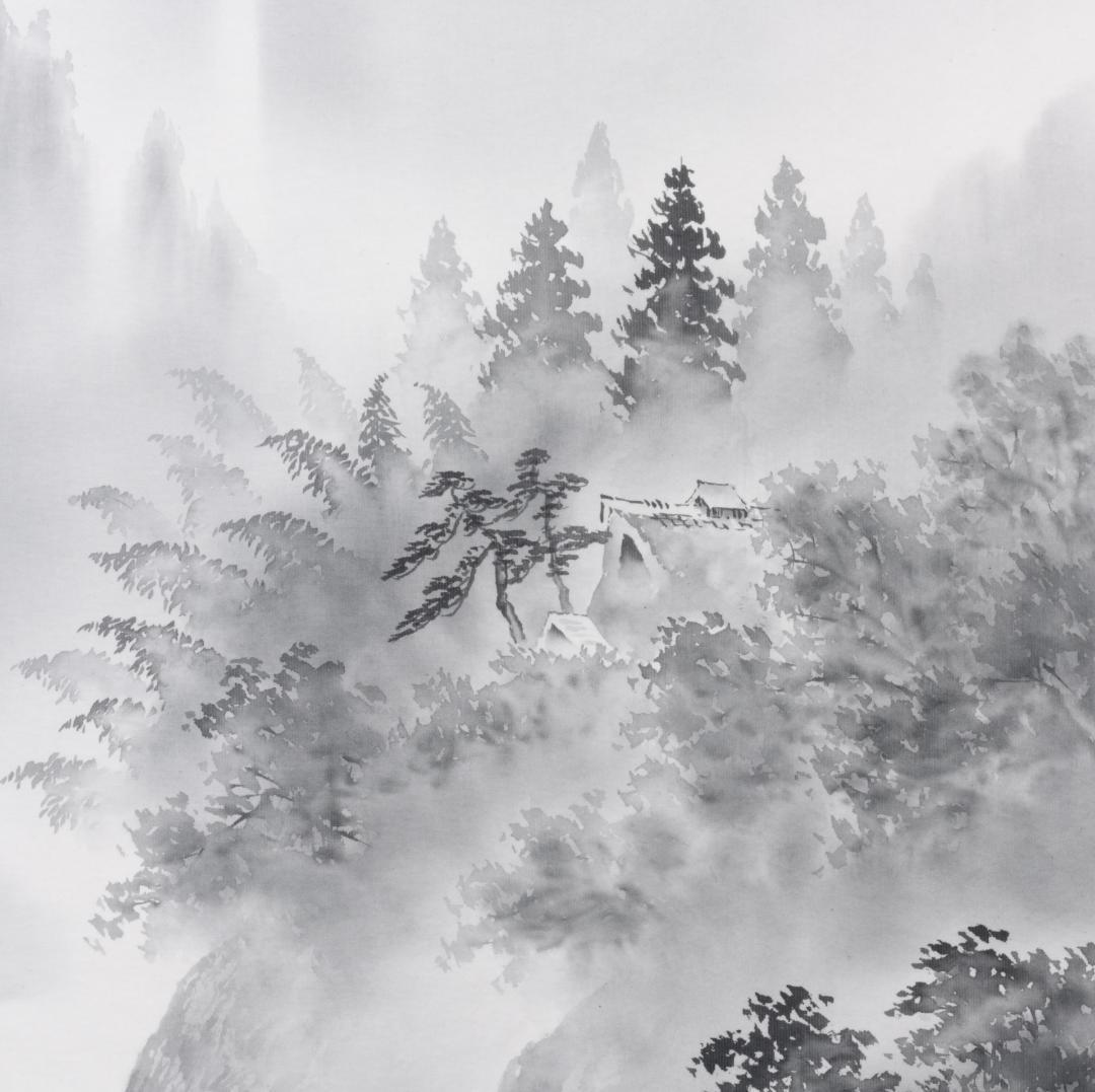 掛軸　水墨山水画　美術名典掲載画家　落款入り　鑑定書付き　桐箱　木箱付き　2