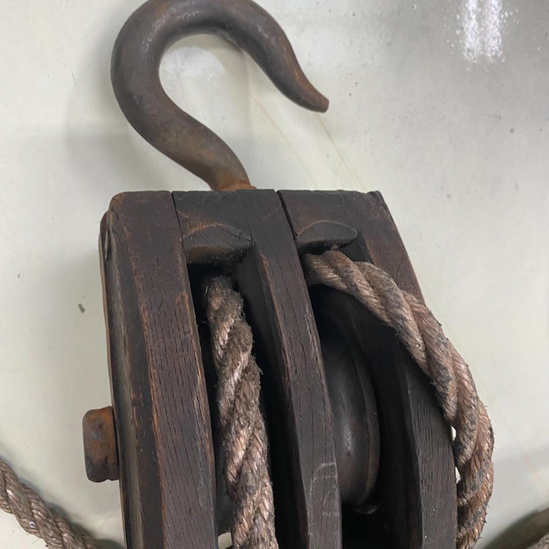 昭和レトロ　木製滑車セット　ロープ付き