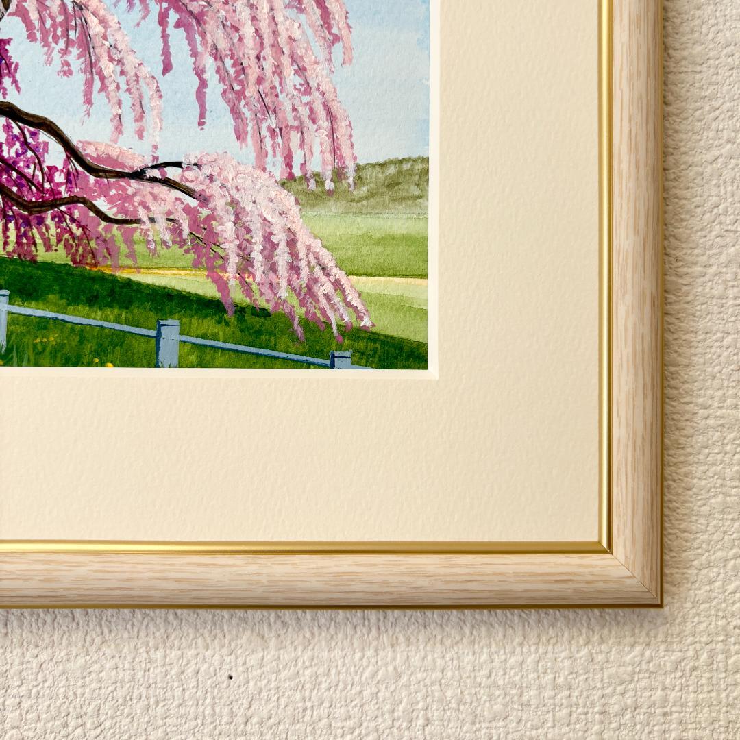アクリル画　原画　「三春滝桜」額縁付　SMサイズ　風景画