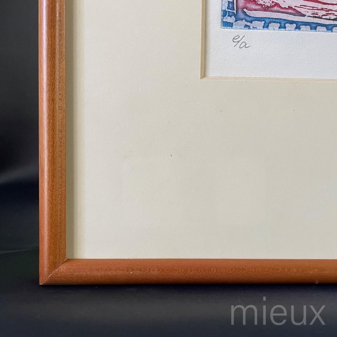 ガラス内側清掃済：広田釗子「花（赤×青）」EA版 エッチング 額付 サイン入り