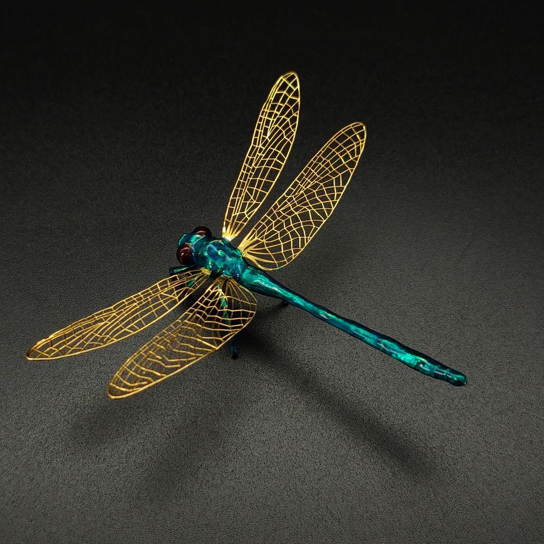 銅製置物　勝虫　蜻蛉　金メッキ　金工品　青色　銅製　薄翼　インテリア置物　箱付