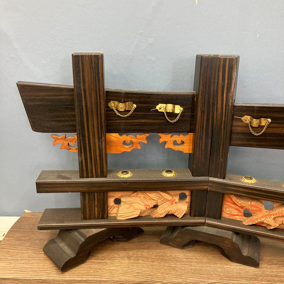 A-1 昭和レトロ 木製 弓矢台 刀掛け 刀台 飾り台 龍彫刻 金具付 五月人形