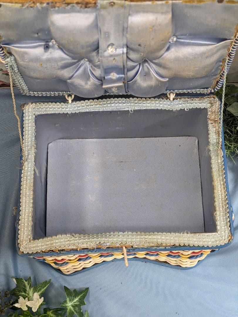 イギリス アンティーク ソーイングバスケット 青赤黄色