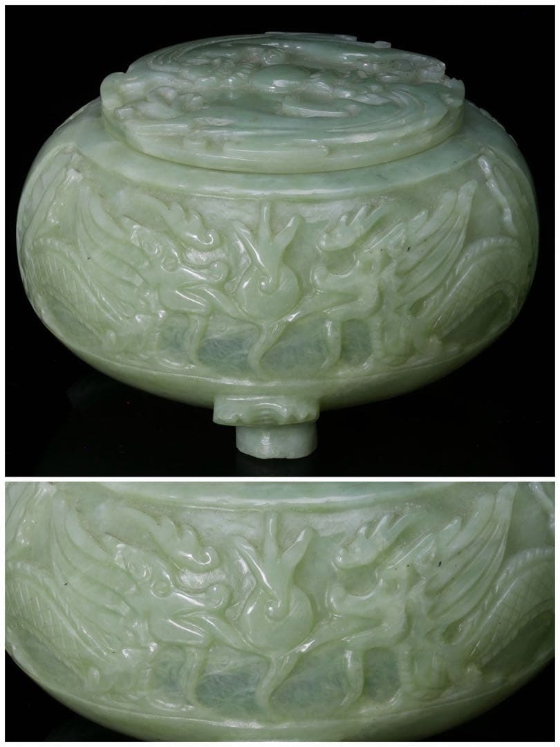 【超希少・最高級】 龍彫刻碧玉翡翠 碁笥 碁石 セット 木箱付 翡翠 瑪瑙 囲碁