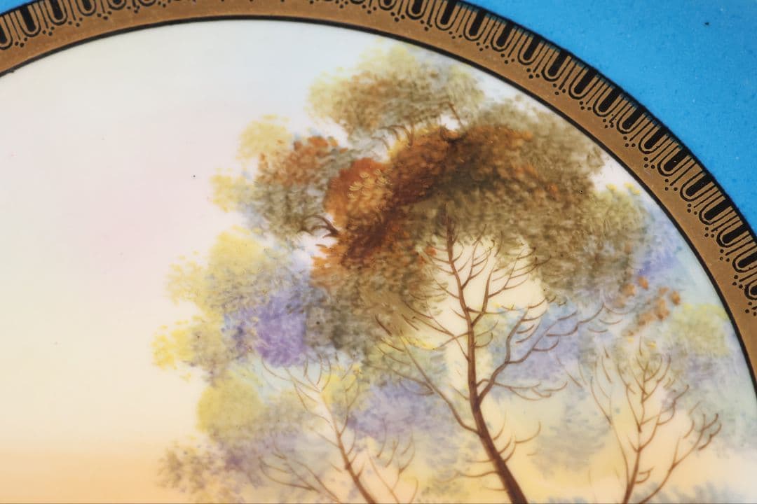 【CM300】オールドノリタケ 白鳥 風景 皿 プレート 金彩 ブルー 青 明治