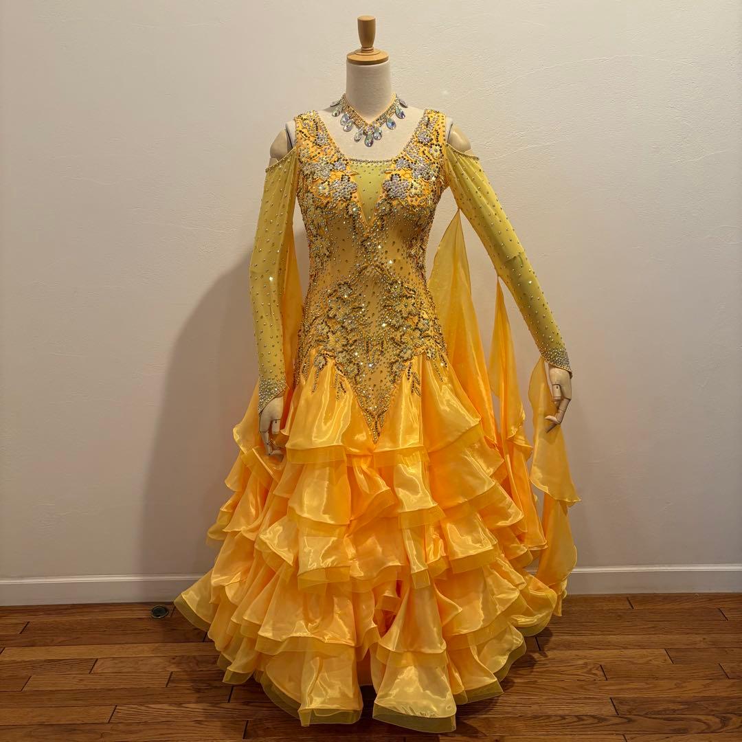 社交ダンスドレス イエロー デモ 競技用 ボリューム パーティ 発表会 豪華