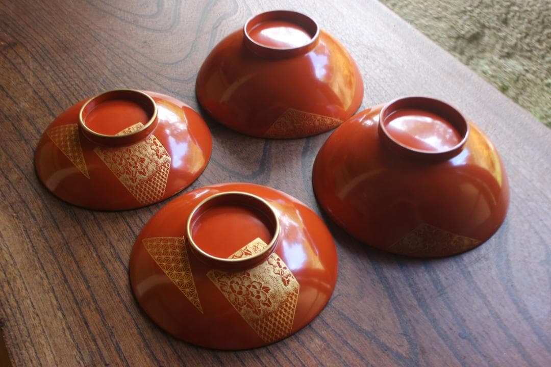 時代逸品！上質朱漆に極上花文沈金の大椀2点（検漆器輪島塗沈金椀雑煮椀