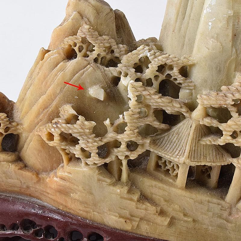 中国　玉石蝋石青田石　楼閣山水雕　床飾　置物　V　7609
