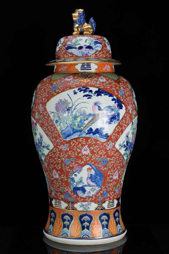 有田焼 染錦窓絵花鳥尽之図 獅子摘蓋付 沈香壺 特大99㎝ 飾壺 古美術 骨董品
