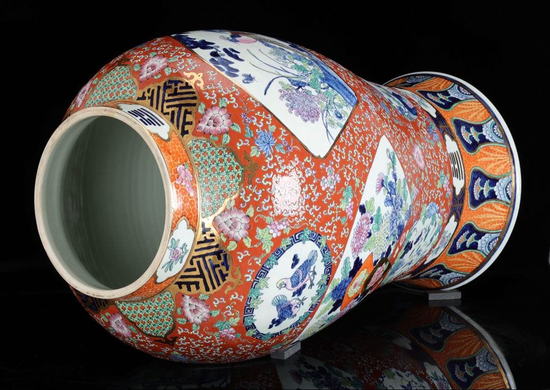 有田焼 染錦窓絵花鳥尽之図 獅子摘蓋付 沈香壺 特大99㎝ 飾壺 古美術 骨董品