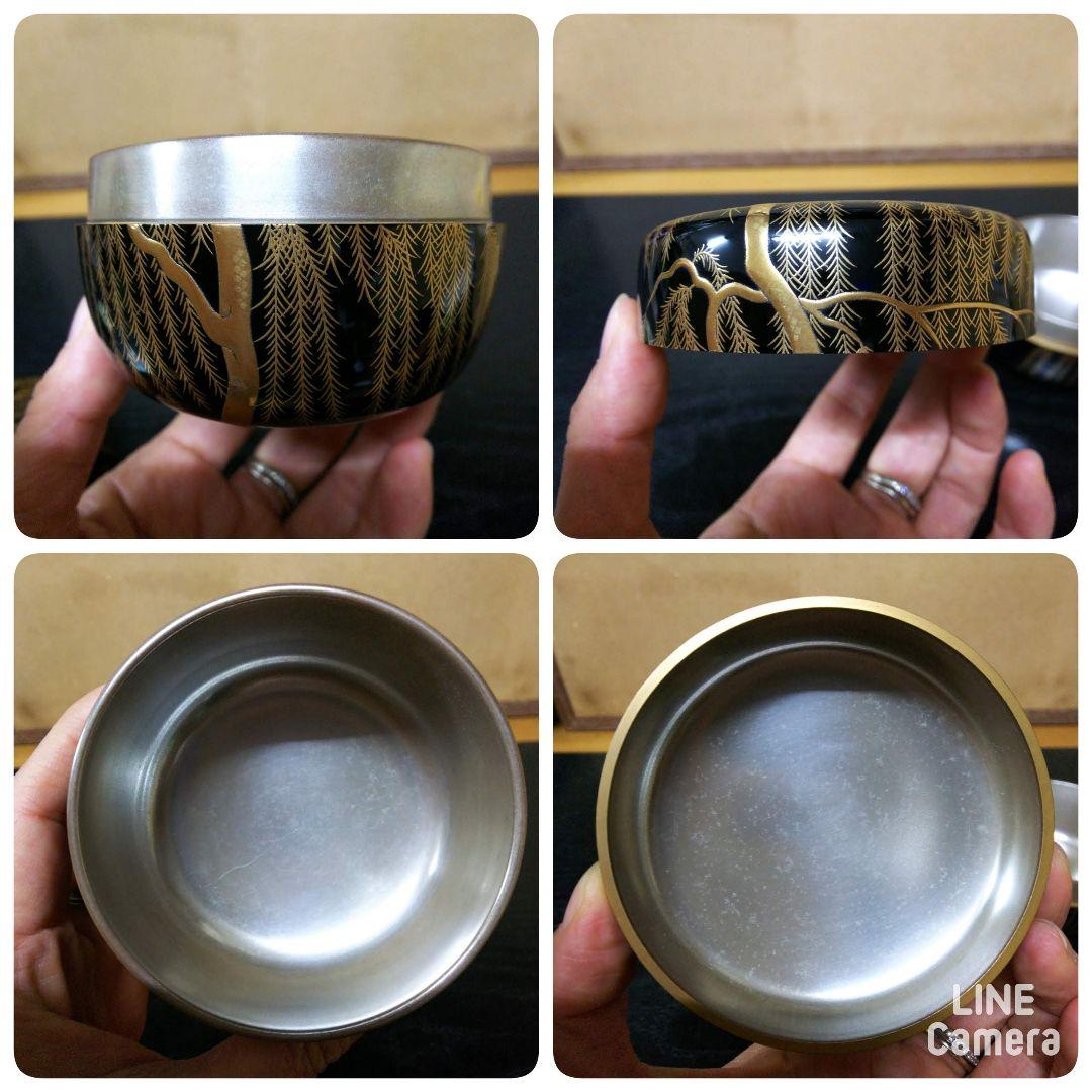 （237）【特価】✿山中塗★角出俊平作★柳蒔絵大平棗（内銀地）★破魔オマケ付き★