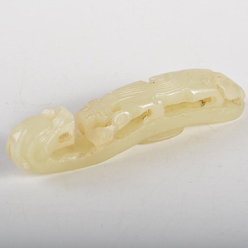 中国　玉石白玉彫刻　龍刻　帯鉤　筆架　置物　V　R7200