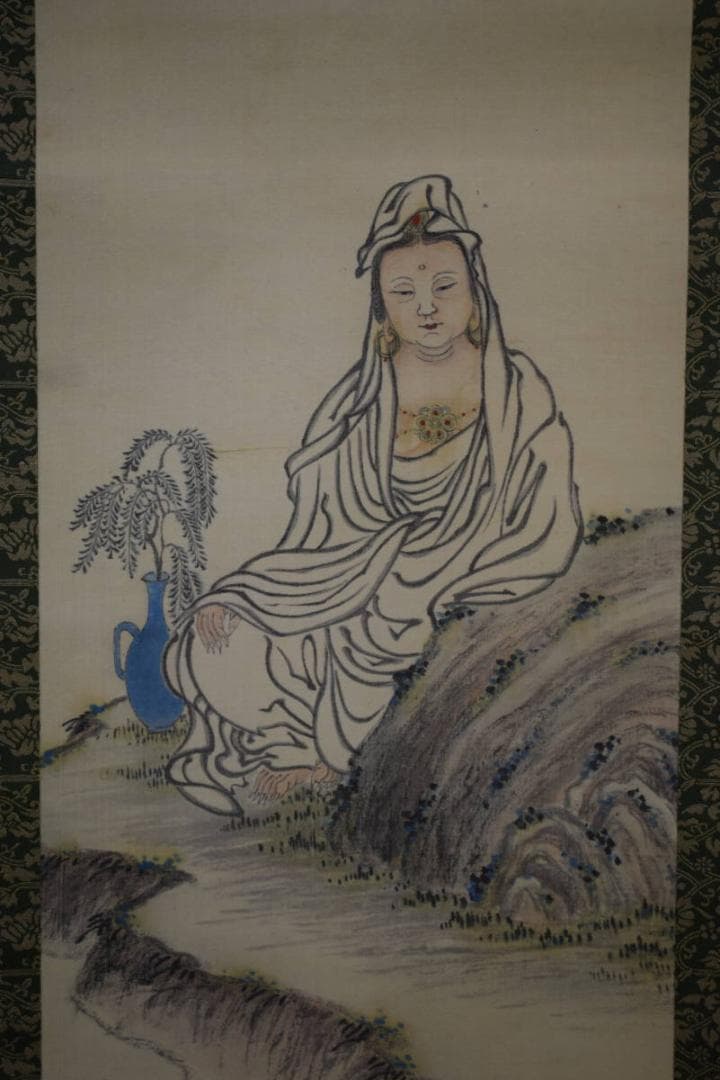 真作/田能村直入/小虎/観音画賛/布袋屋掛軸HH-419