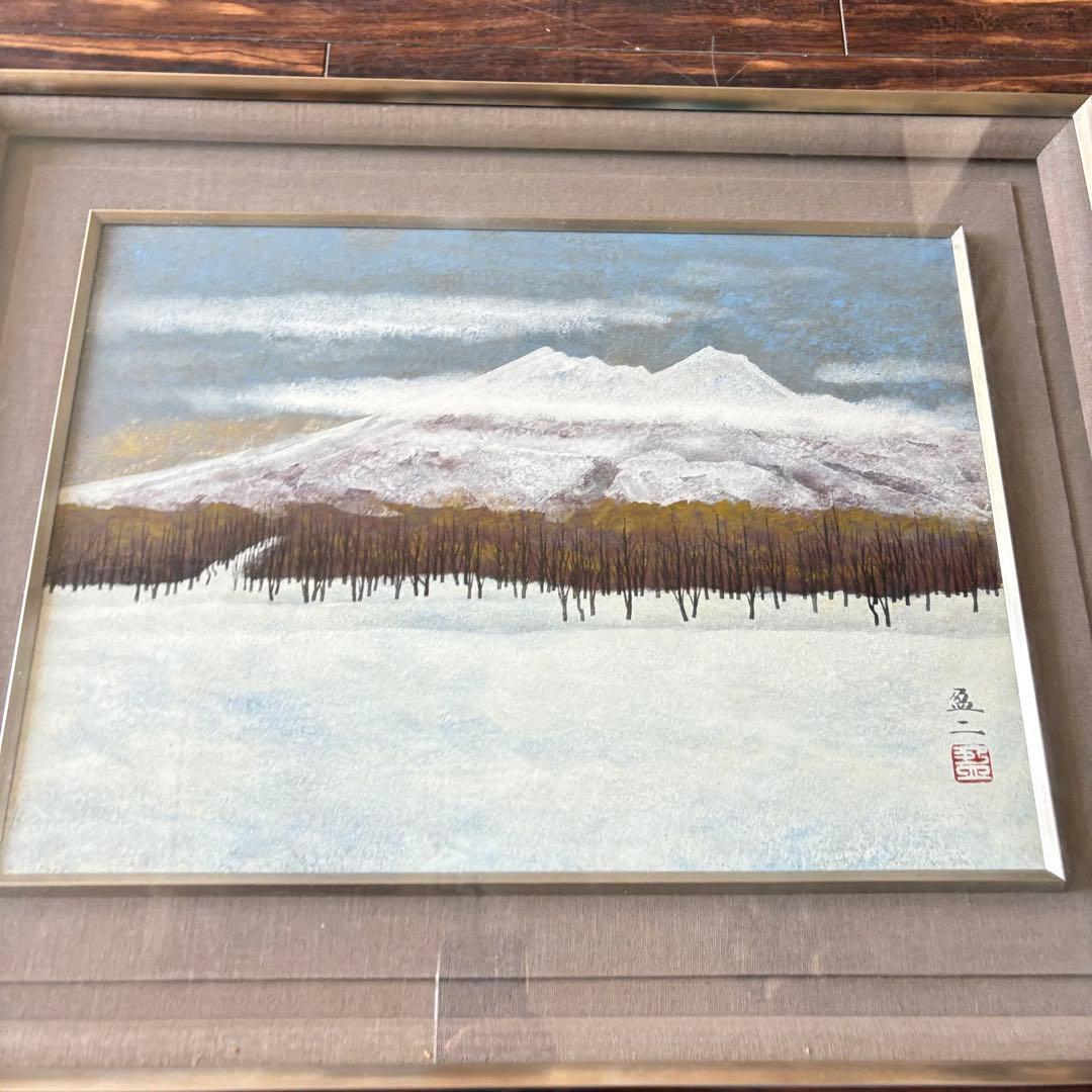 杉浦盈二「雪原」日本画 額装 共シール A