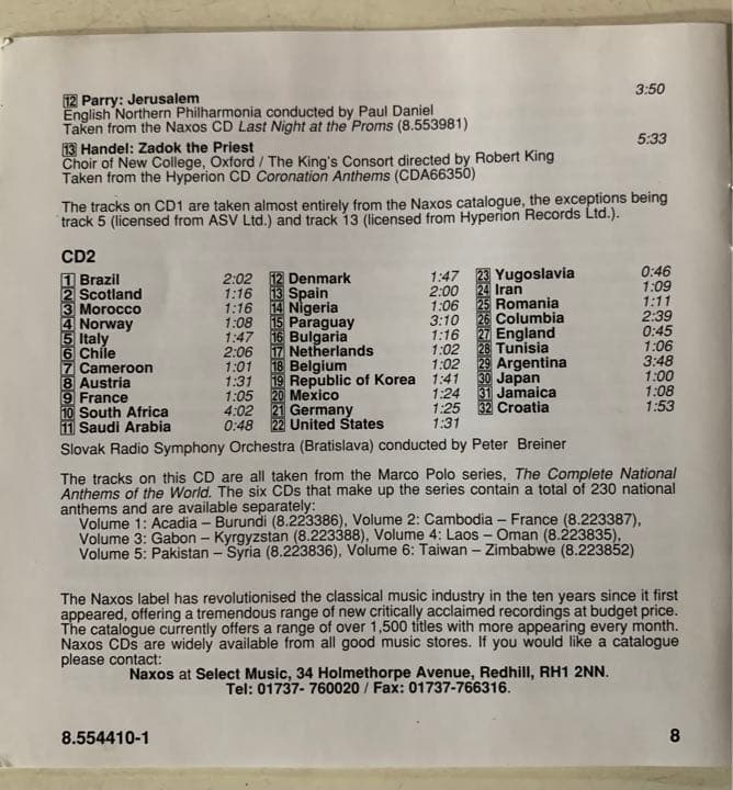 CD2枚組①’98WC本大会出場32カ国国歌②Football Classics