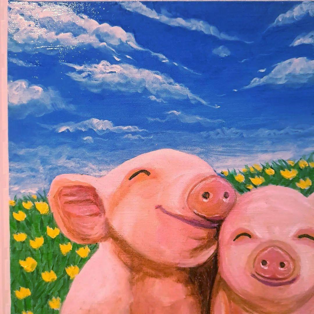 キャンバス油絵 　AP♡ 　笑ってる仲良しこぶたたち