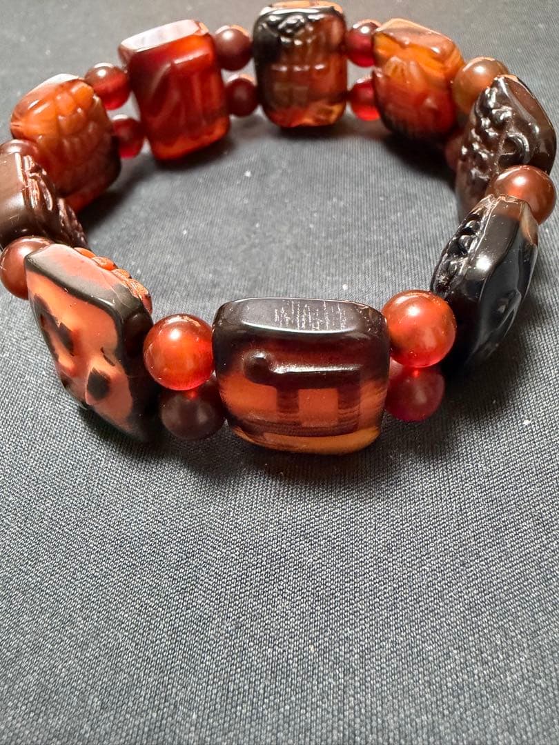 ペー、上肯天珠‼️西蔵老礦紅玉髄八大吉祥財神梵字バングル仏眼梵字セット