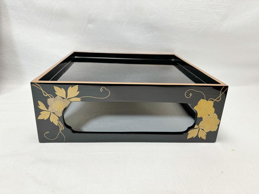 ほぼ未使用 茶道具 輪島塗 金彩花蒔絵 重台 四方盆 木製黒真塗 能登国輪島共箱