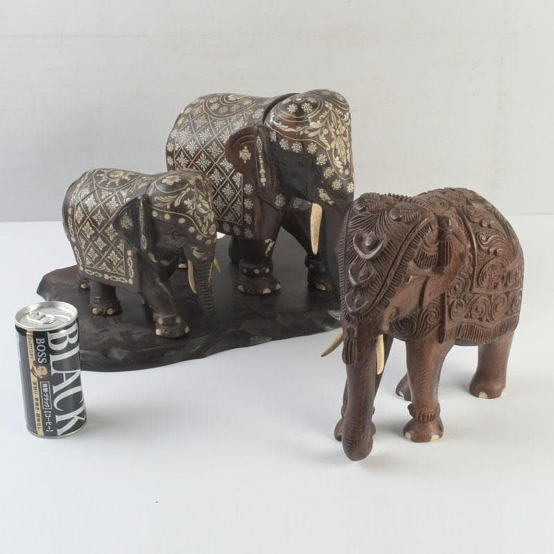 中国　唐木紫壇製　獣骨装飾など　インド象　3点まとめて　台付　V　9336A