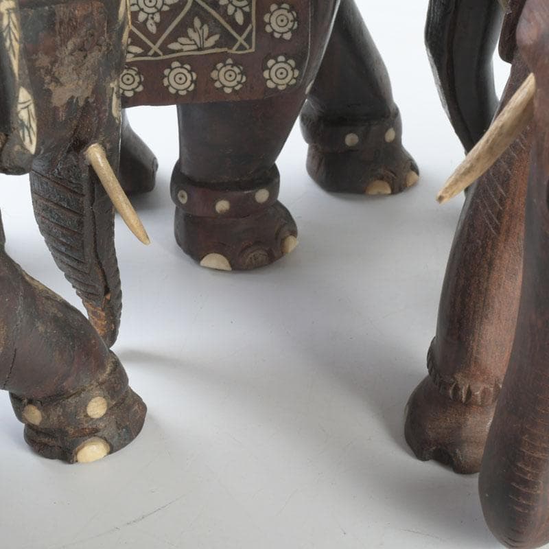 中国　唐木紫壇製　獣骨装飾など　インド象　3点まとめて　台付　V　9336A