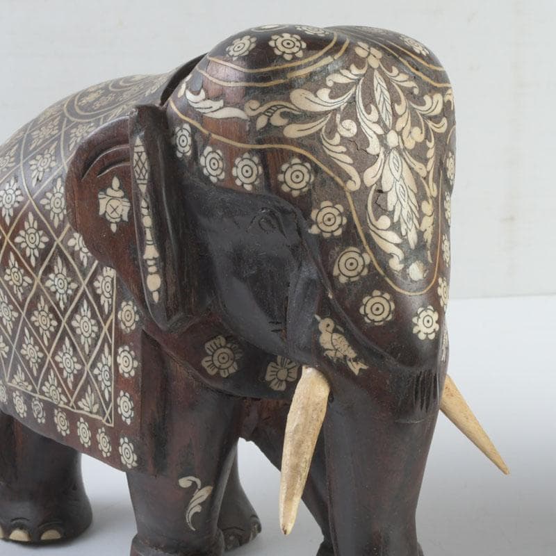 中国　唐木紫壇製　獣骨装飾など　インド象　3点まとめて　台付　V　9336A