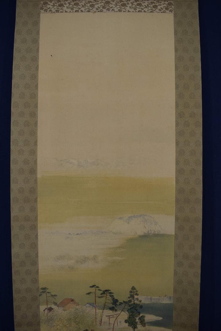 【真作】山下竹斎/湖畔秋色図/秋景山水人物図/掛軸☆宝船☆Y-180　JM