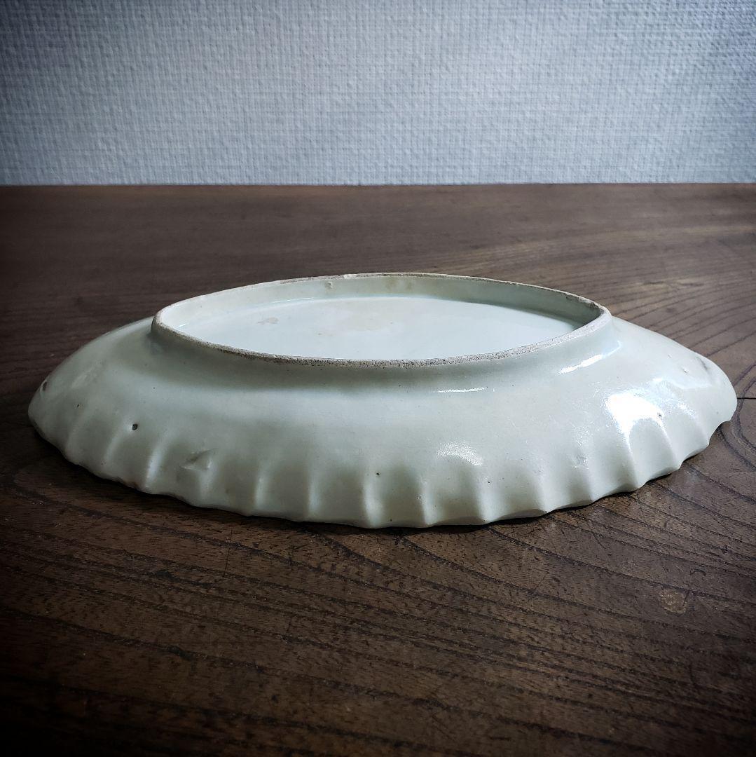 染付 楕円形 変形皿 砥草 訳あり 欠け 中国物 中国骨董 サボテン 微塵唐草