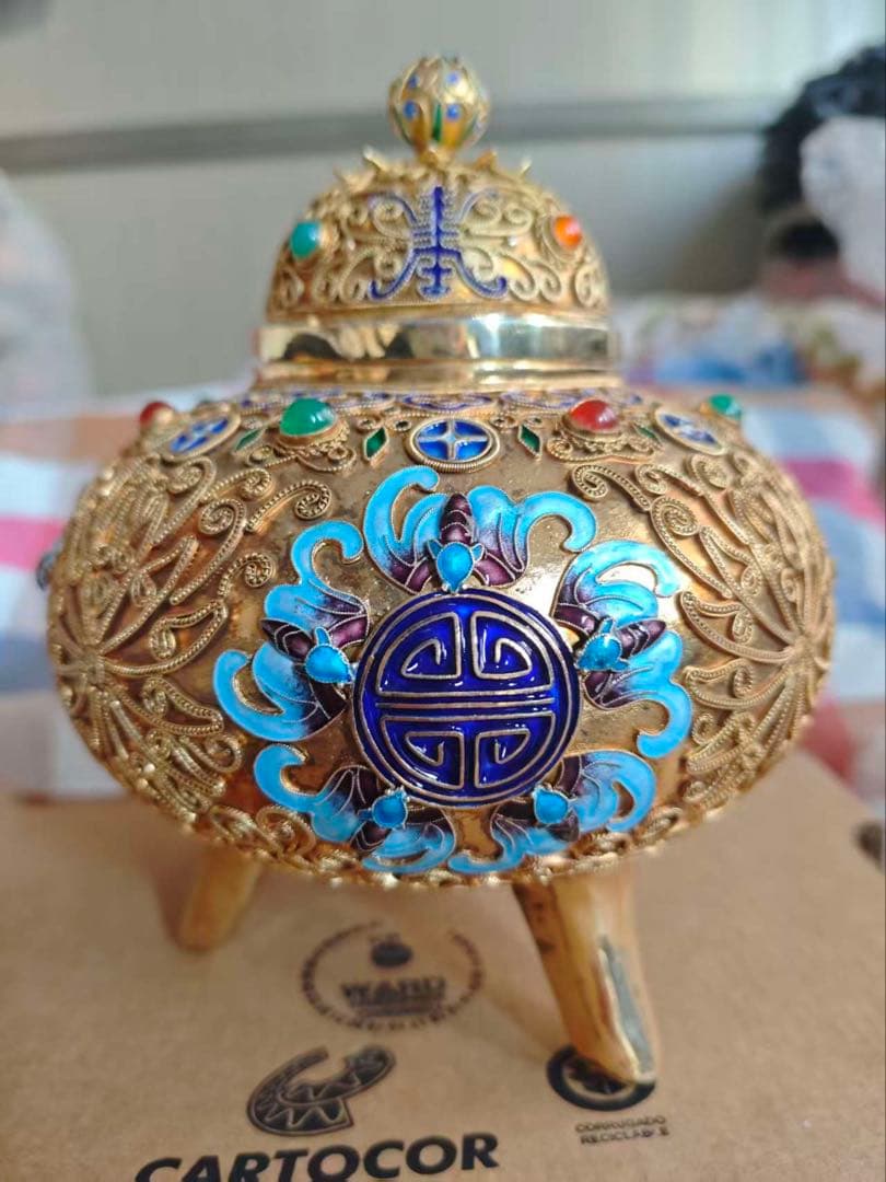 中国美術 銀製 Silver刻印有 七宝 香炉 唐物 置物 622.4g 茶道具