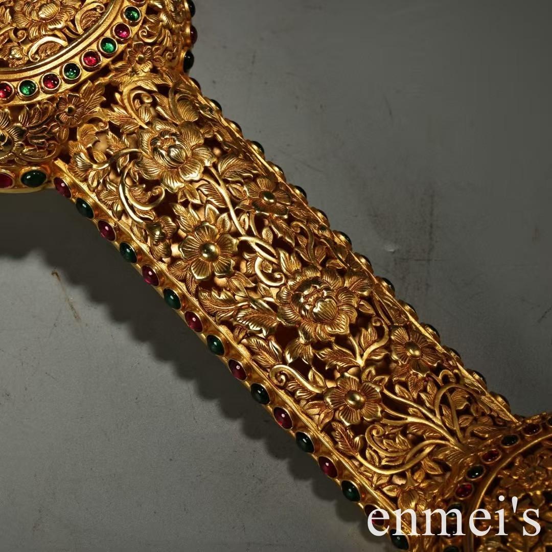 中国古美術・旧蔵福寿花紋「万事如意」置物・純銅製・透彫鏨刻鎏金・純手作り・文房具