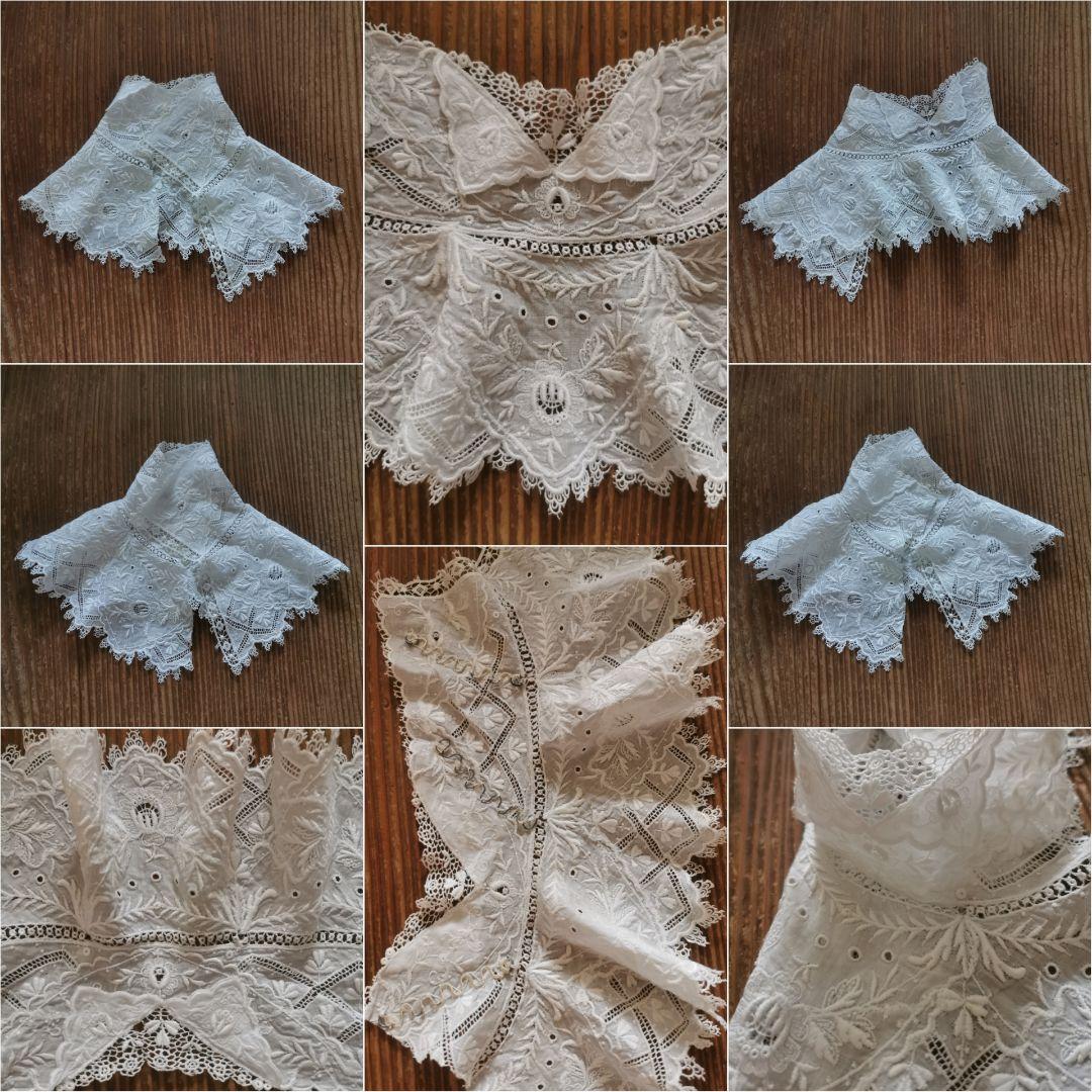 アンティーク ギュピールレース 盛り上げ三つ葉刺繍カフス ドール用付け襟 ケープ