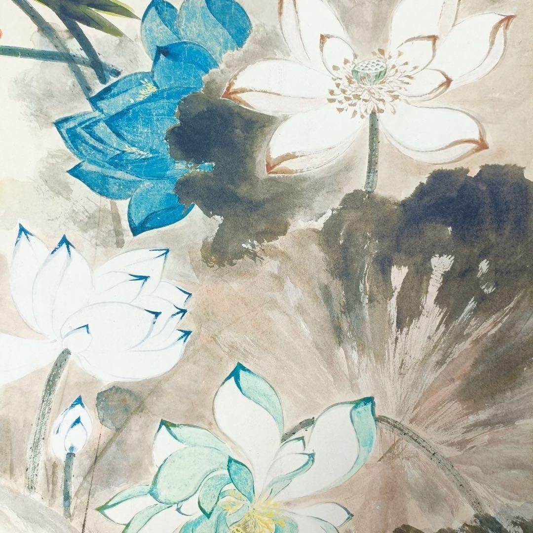 張大千 花卉画 掛け軸 中堂 五彩蓮花図 中国画 サイズ：70×173cm
