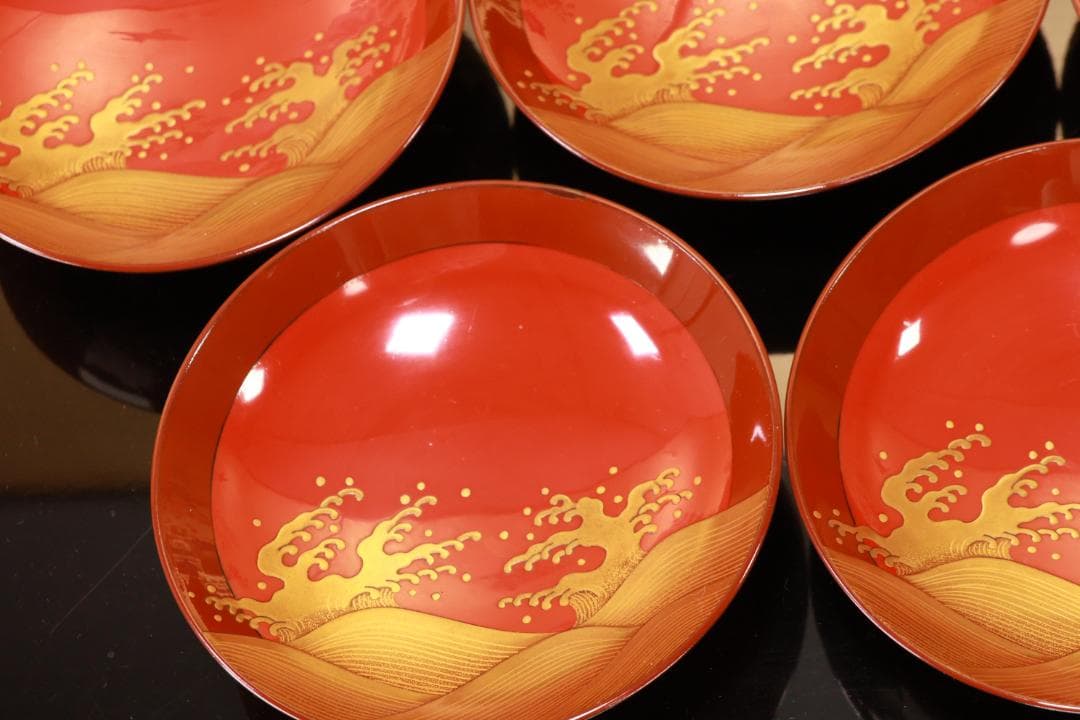 BJ103　時代輪島塗　烏漆絵　日乃出金蒔絵　煮物椀　五客　木製 吸物椀　菓子