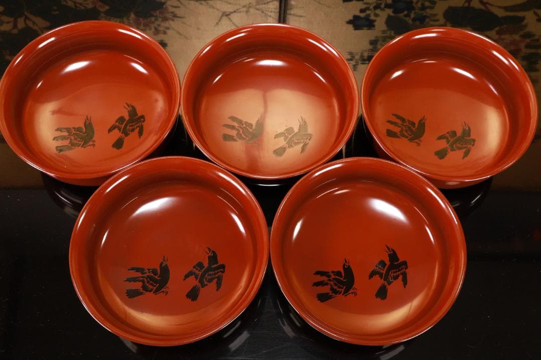 BJ103　時代輪島塗　烏漆絵　日乃出金蒔絵　煮物椀　五客　木製 吸物椀　菓子