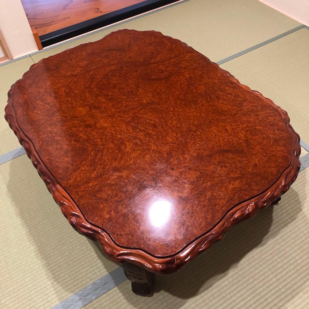 木製楕円形座卓 彫刻入り　 机　折りたたみ可能