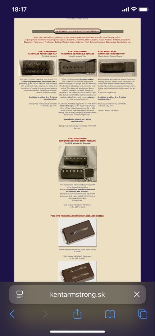 ギター Kent Armstrong Handmade Single