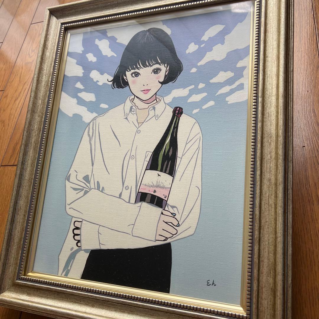 江口寿史　直筆イラスト　Yシャツとワインの女の子。