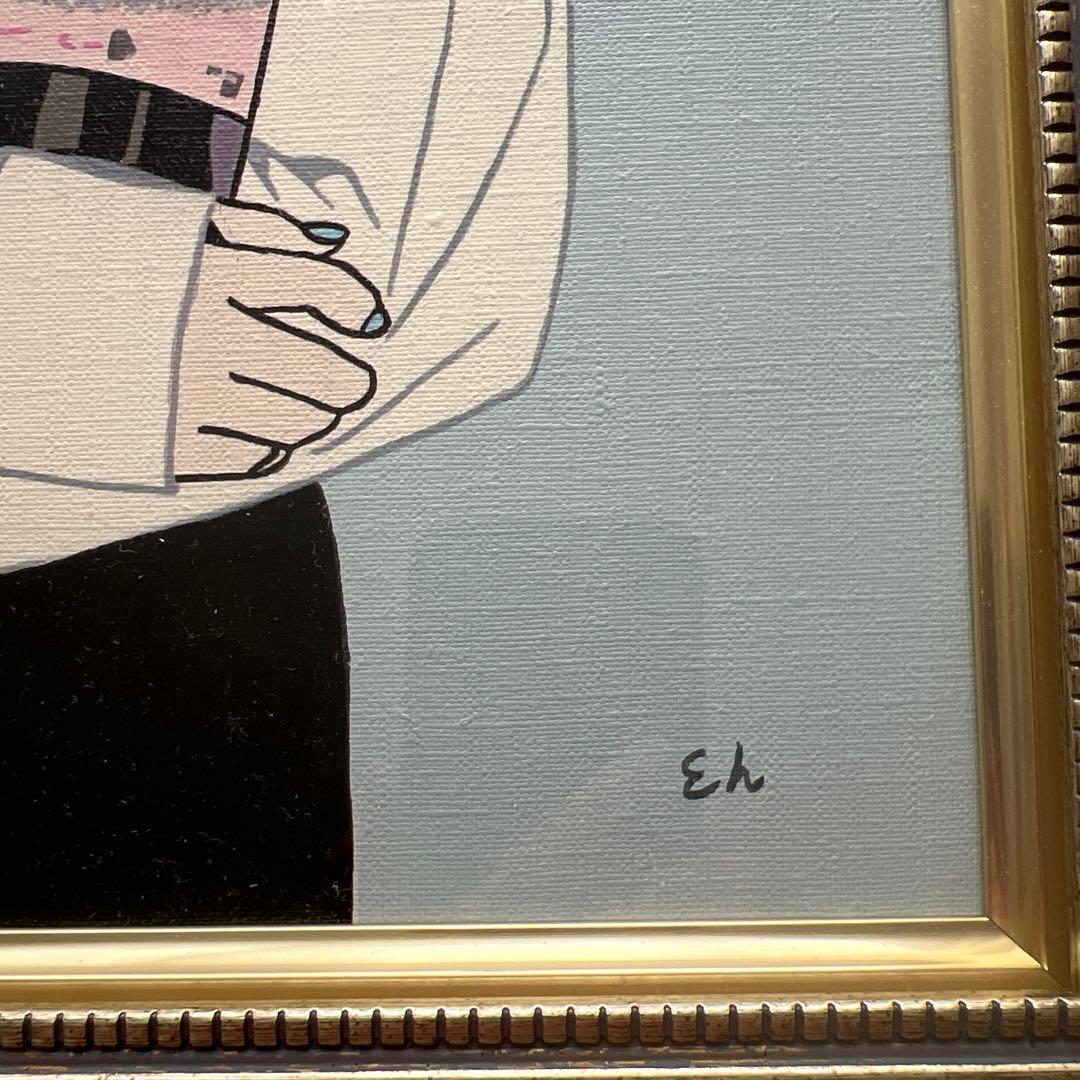 江口寿史　直筆イラスト　Yシャツとワインの女の子。