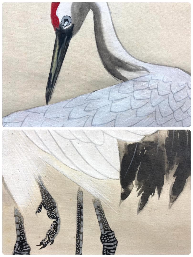 浅井金万／小松均師事「瑞兆双鶴」掛軸 絹本 共箱 二重箱