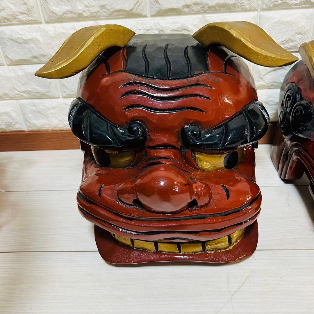 獅子頭　雄雌セット　彫木品　アンティーク