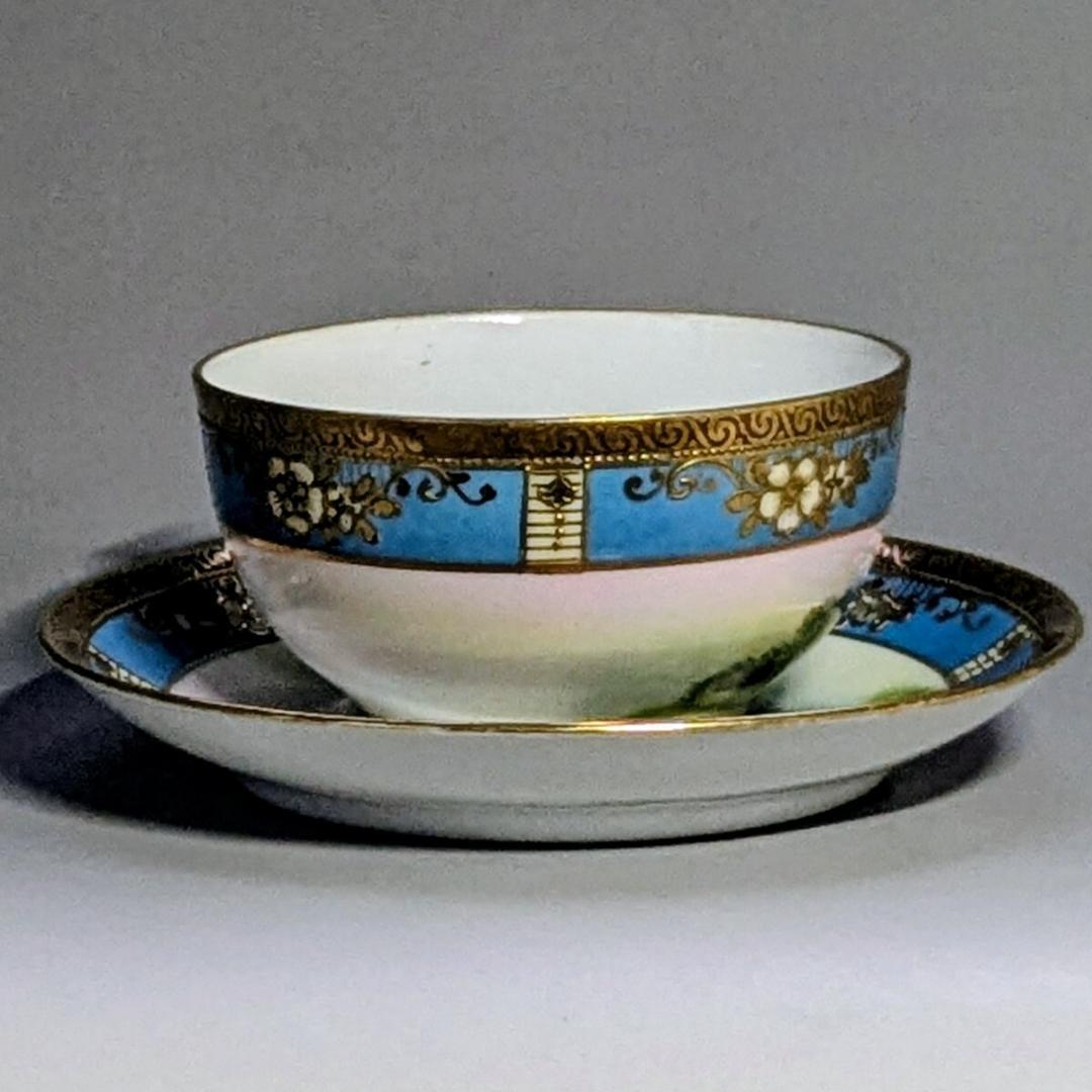 オールドノリタケ カップ＆ソーサー　金彩金盛上湖畔風景白鳥図 　　有名パターン