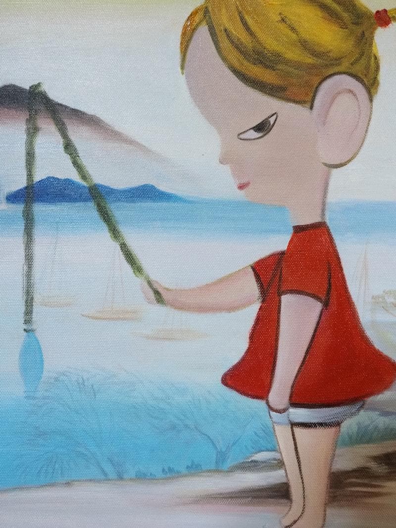 人物画　油絵　奈良美智　女の子と釣り　F6　額付き　手描き　肉筆