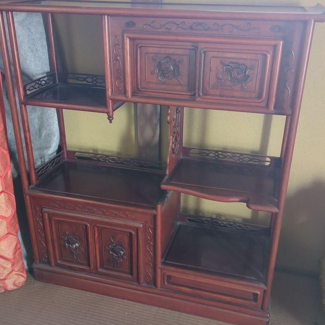 木製彫刻入り5段棚 引き出し付き