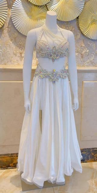 お得 美品一点物 ベリーダンス衣装 ブラスカートセット ホワイトS コスチューム