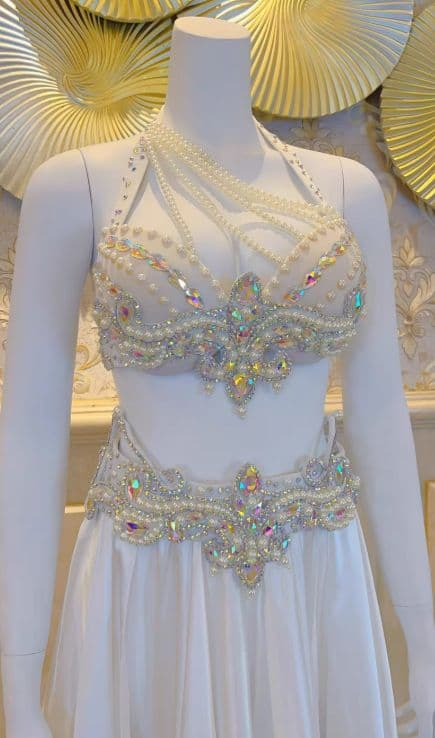 お得 美品一点物 ベリーダンス衣装 ブラスカートセット ホワイトS コスチューム