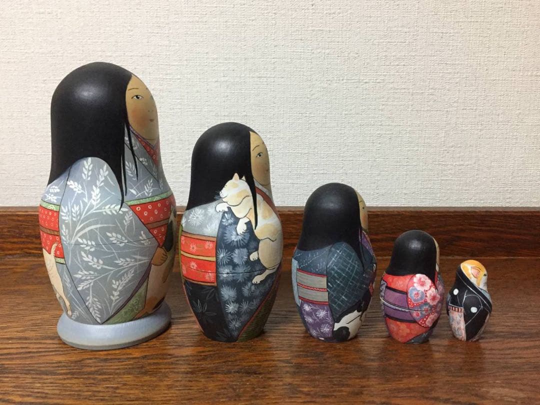 ひな祭りセール♪ロシア雑貨☆着物マトリョーシカ(5P)和風猫ボボワ作オマケ付き♪