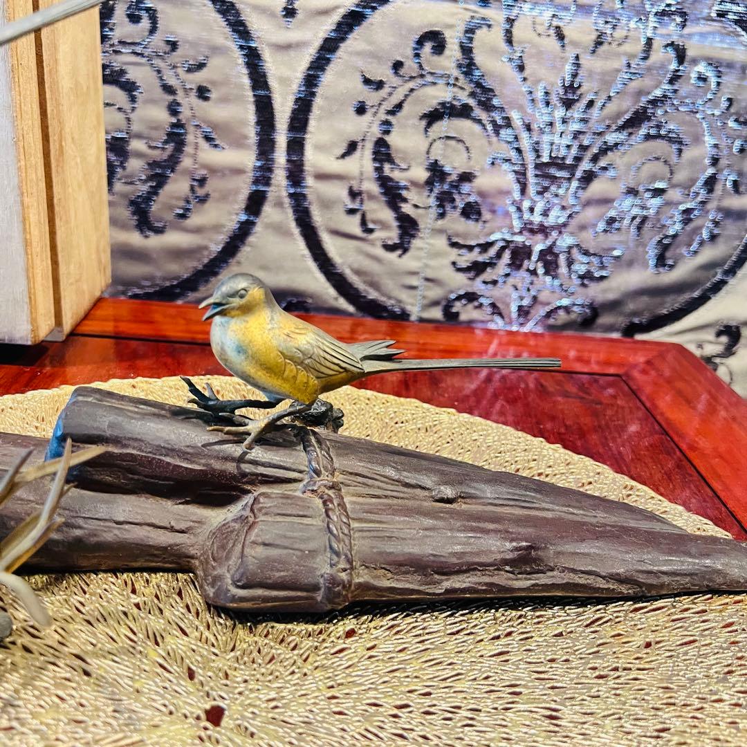 鋳銅製　置物　筏に鶺鴒　いかだにせきれい　筏乗鶺鴒　Japan