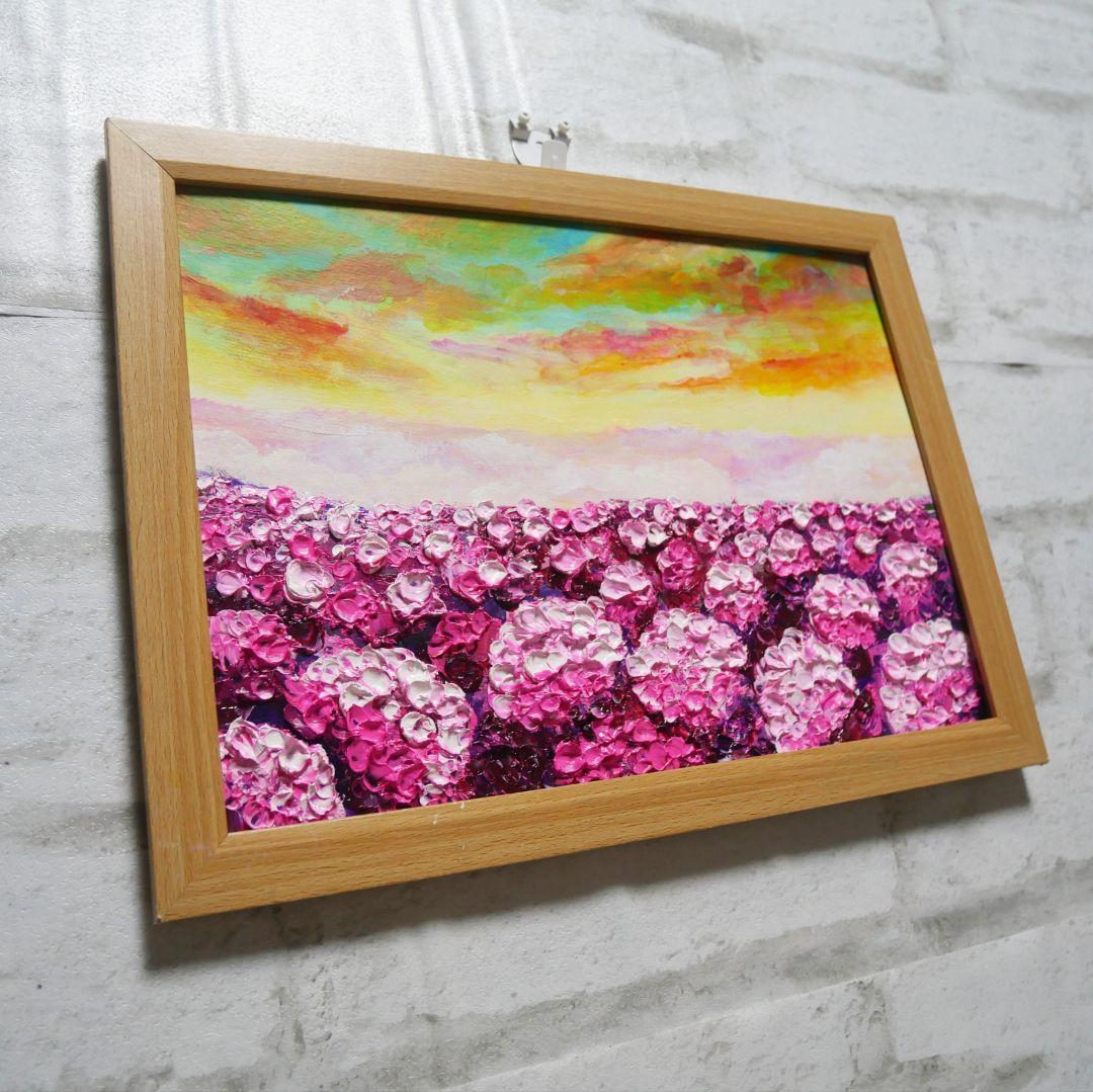 油絵 油彩 油彩画 絵 絵画【天空の夕日と紫陽花】