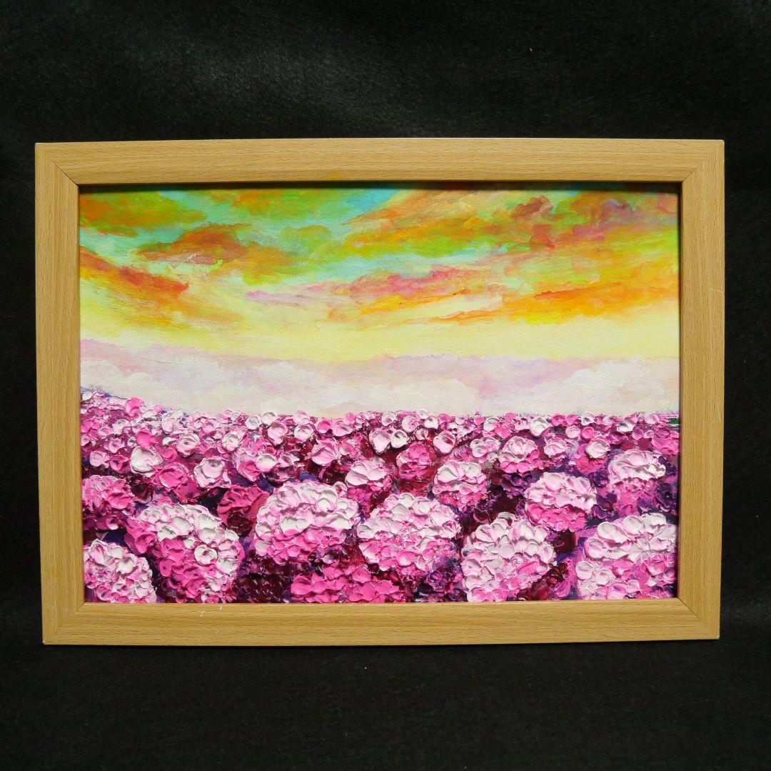 油絵 油彩 油彩画 絵 絵画【天空の夕日と紫陽花】