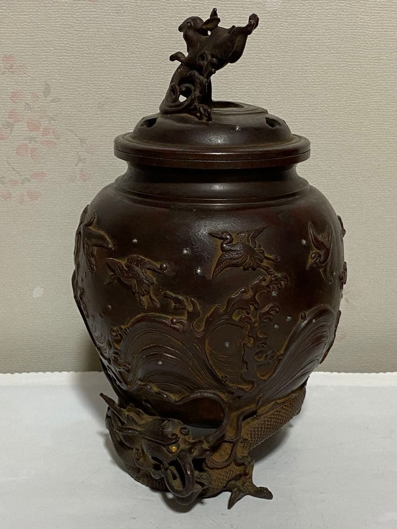 ♦蝋型細密鋳金 象嵌 波乗り兎 波千鳥文 波乗り龍足 香炉 唐金 美術品 骨董品