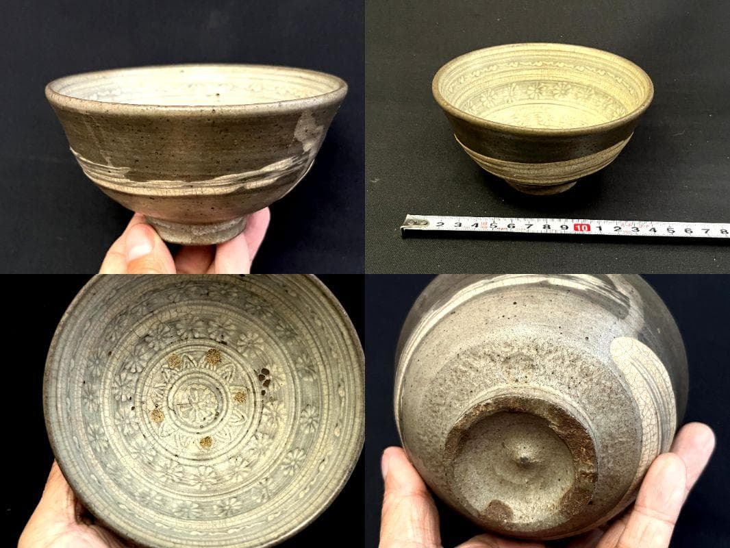 茶碗■古刷毛目 三島模様 江戸期 京焼三島手 古美術 時代物 骨董品■